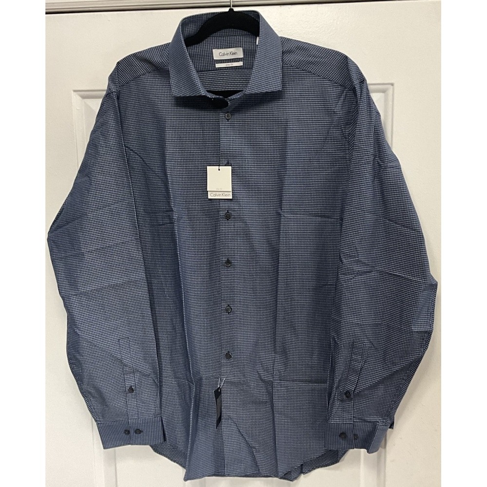 Calvin Klein Men's Dress Shirt Slim Fit 17/34-35 Blue Checkered 100% Cotton